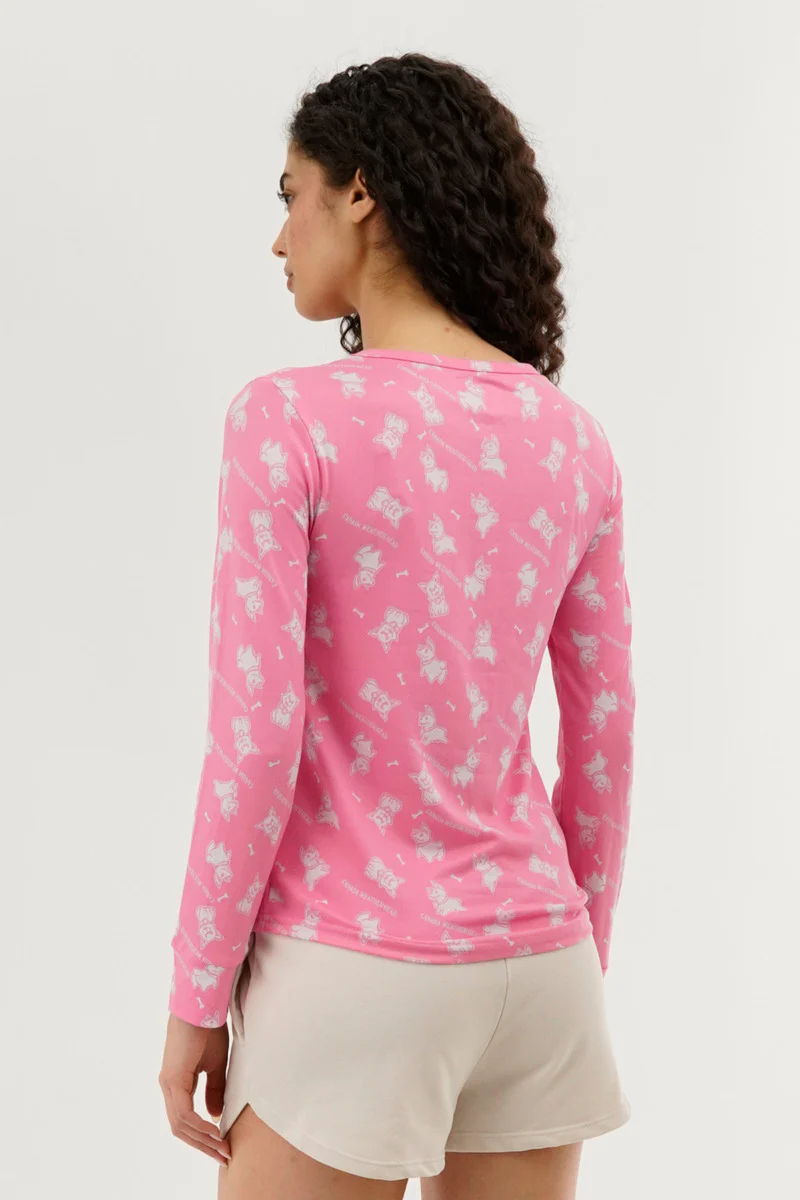 Canada Weather Gear Dog Print Henley Pajama Top - Pink - Image 4
