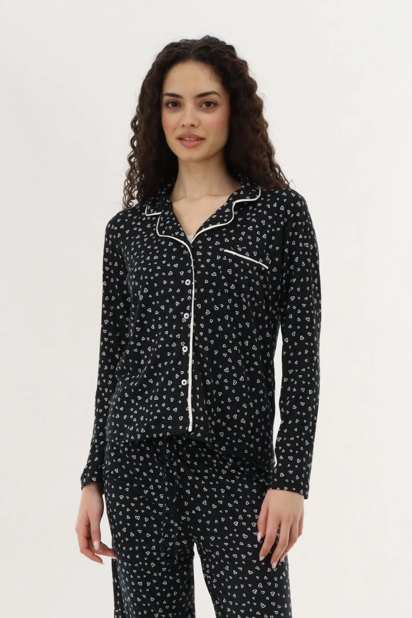 Canada Weather Gear Heart Print Button Up Pajama Top - Black