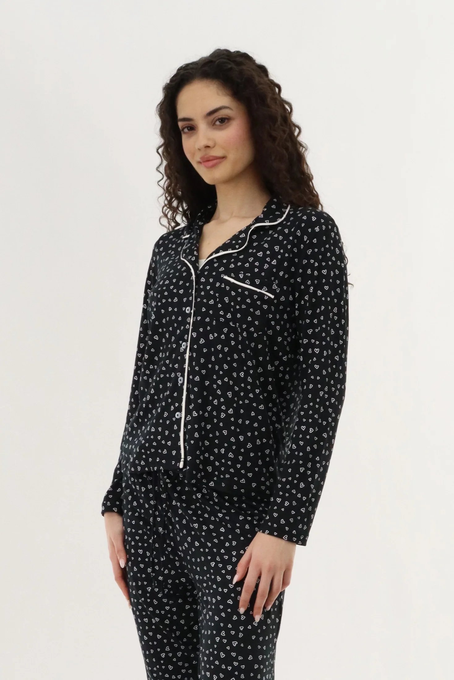 Canada Weather Gear Heart Print Button Up Pajama Top - Black - Image 2