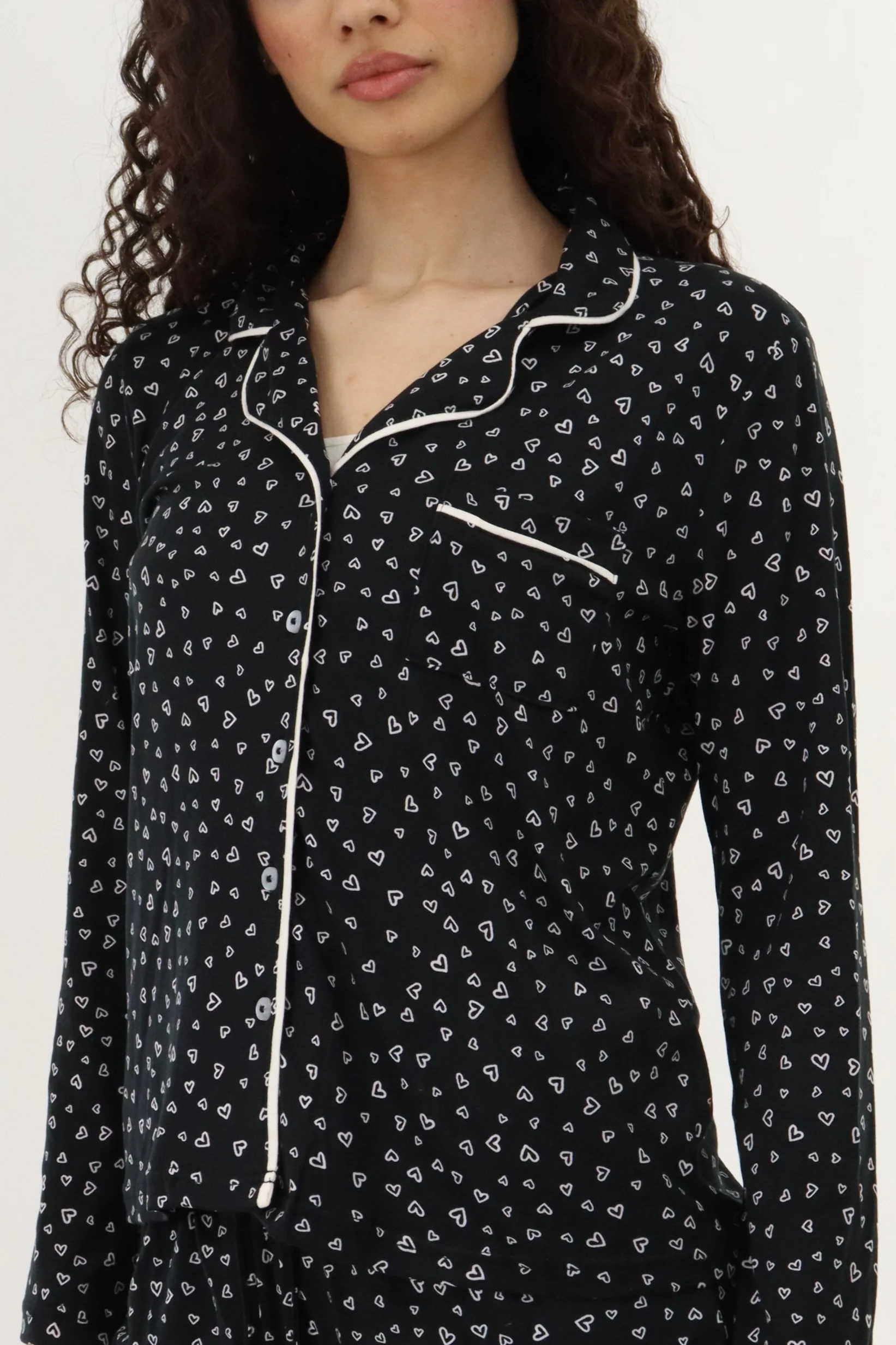 Canada Weather Gear Heart Print Button Up Pajama Top - Black - Image 4