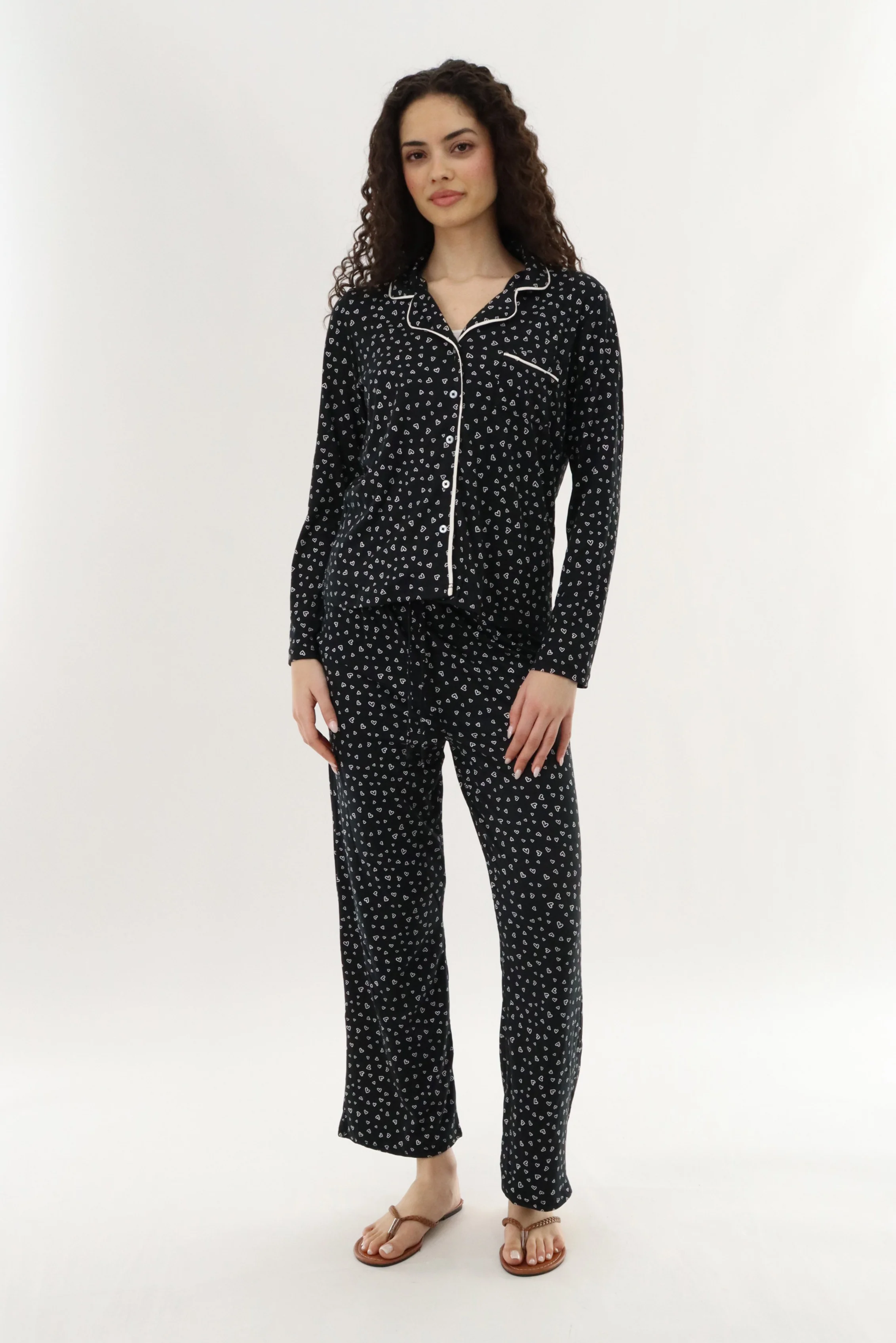 Canada Weather Gear Heart Print Button Up Pajama Top - Black - Image 5