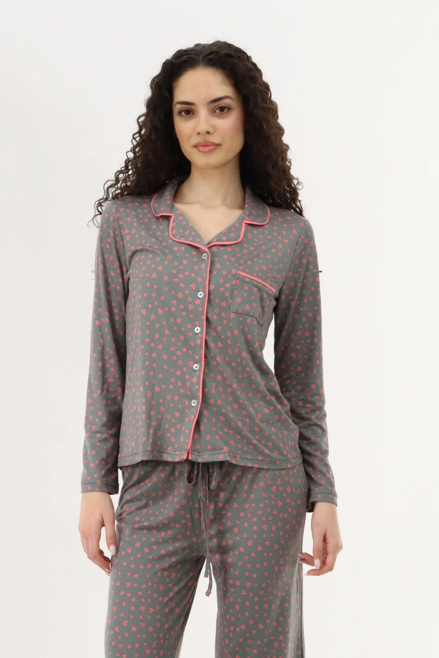 Canada Weather Gear Heart Print Button Up Pajama Top - Grey