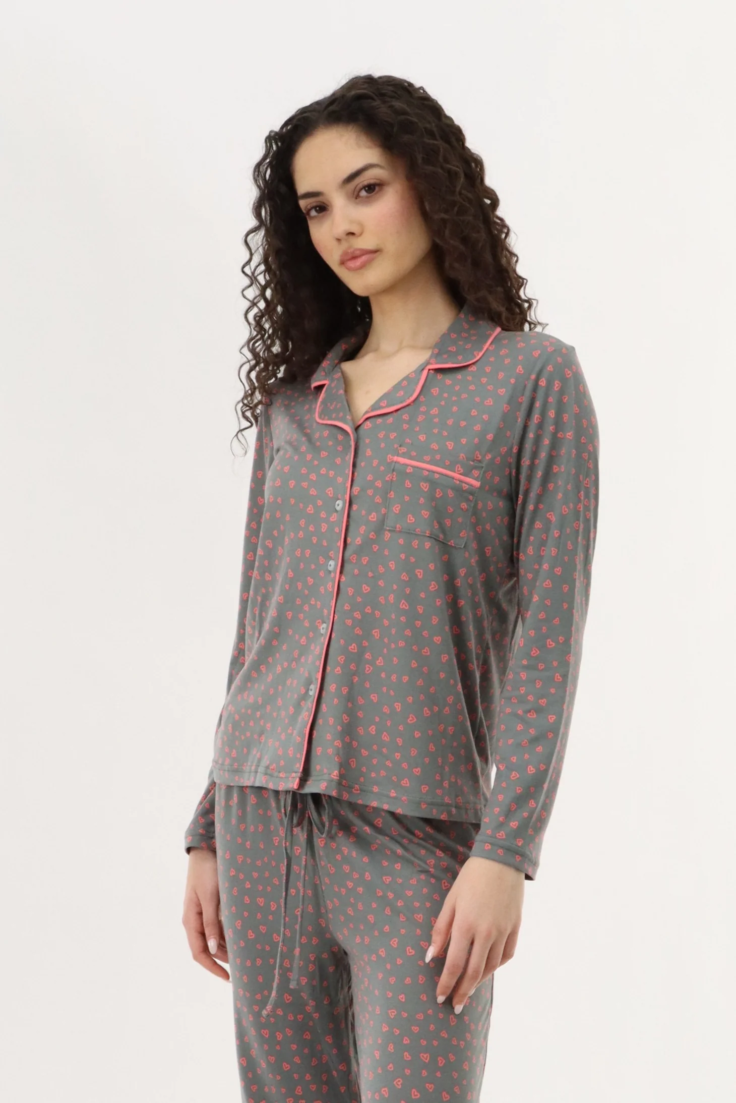 Canada Weather Gear Heart Print Button Up Pajama Top - Grey - Image 2