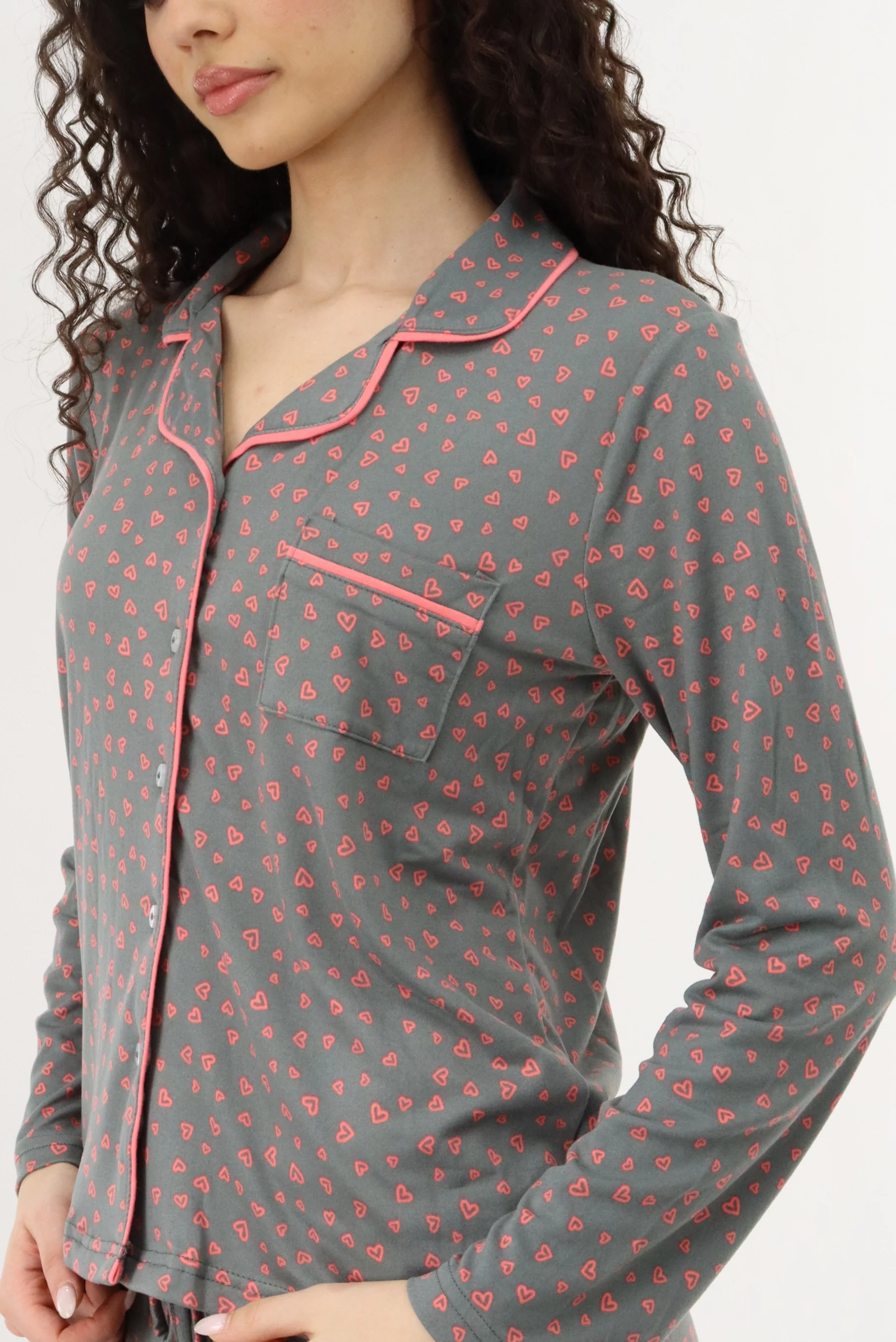 Canada Weather Gear Heart Print Button Up Pajama Top - Grey - Image 4