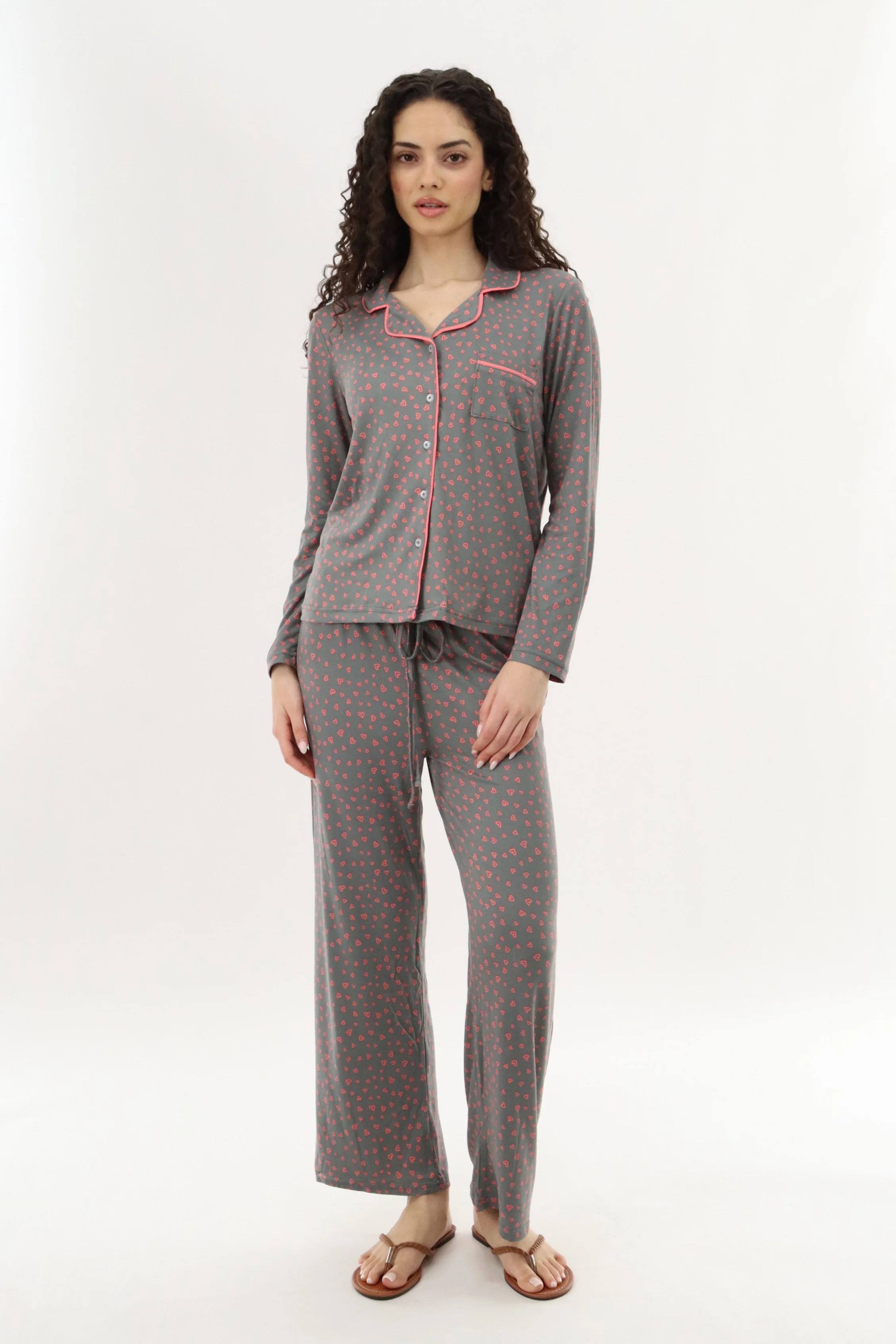 Canada Weather Gear Heart Print Button Up Pajama Top - Grey - Image 5