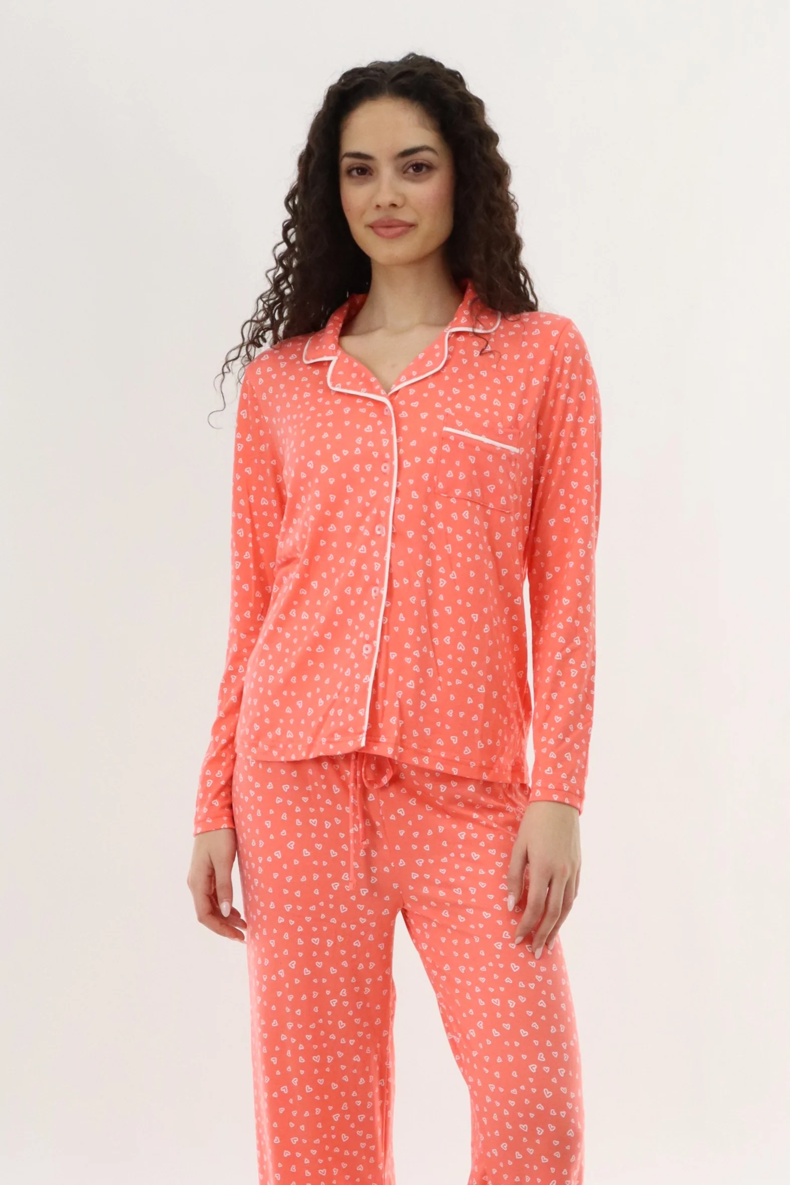 Canada Weather Gear Heart Print Button Up Pajama Top - Coral