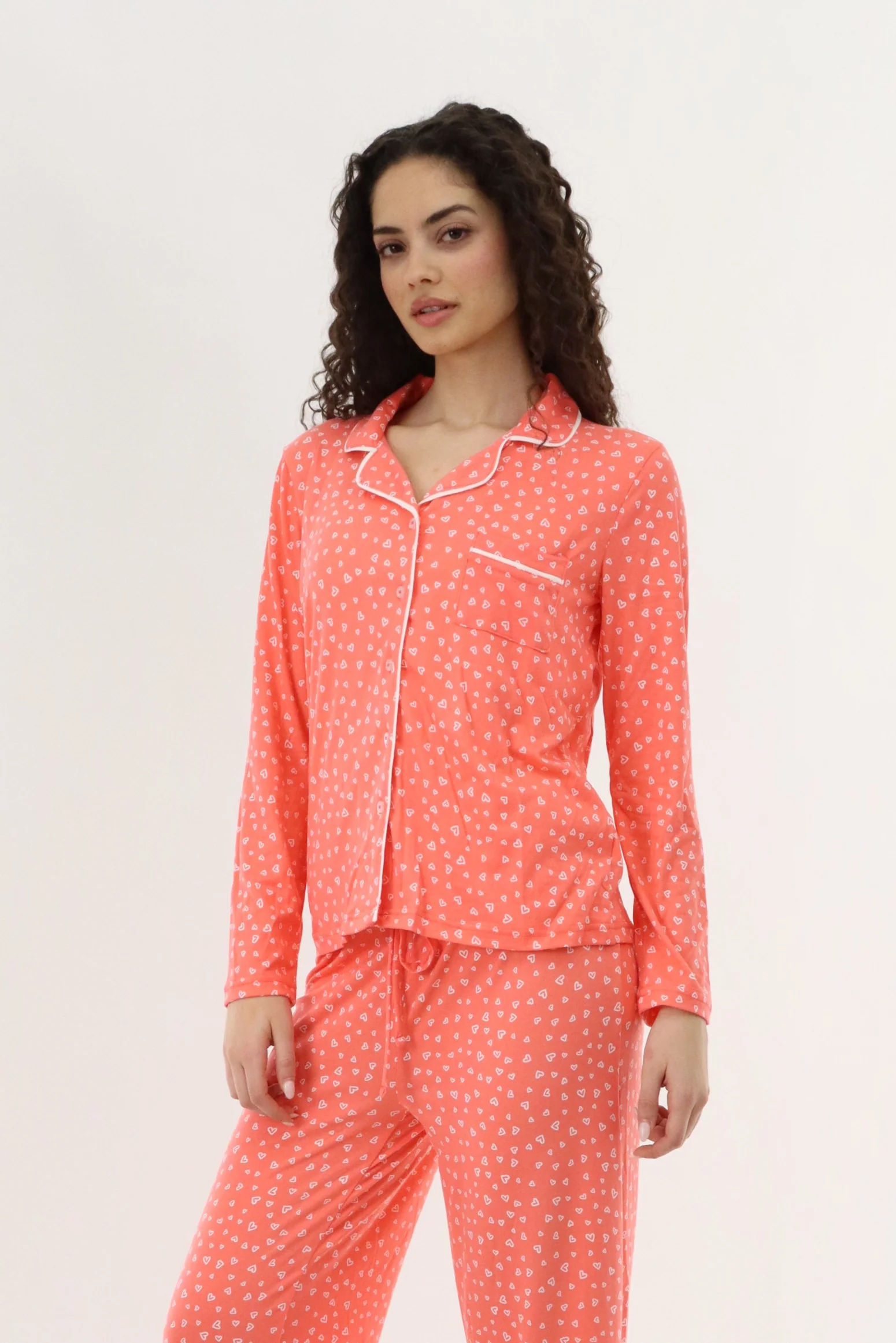 Canada Weather Gear Heart Print Button Up Pajama Top - Coral - Image 2