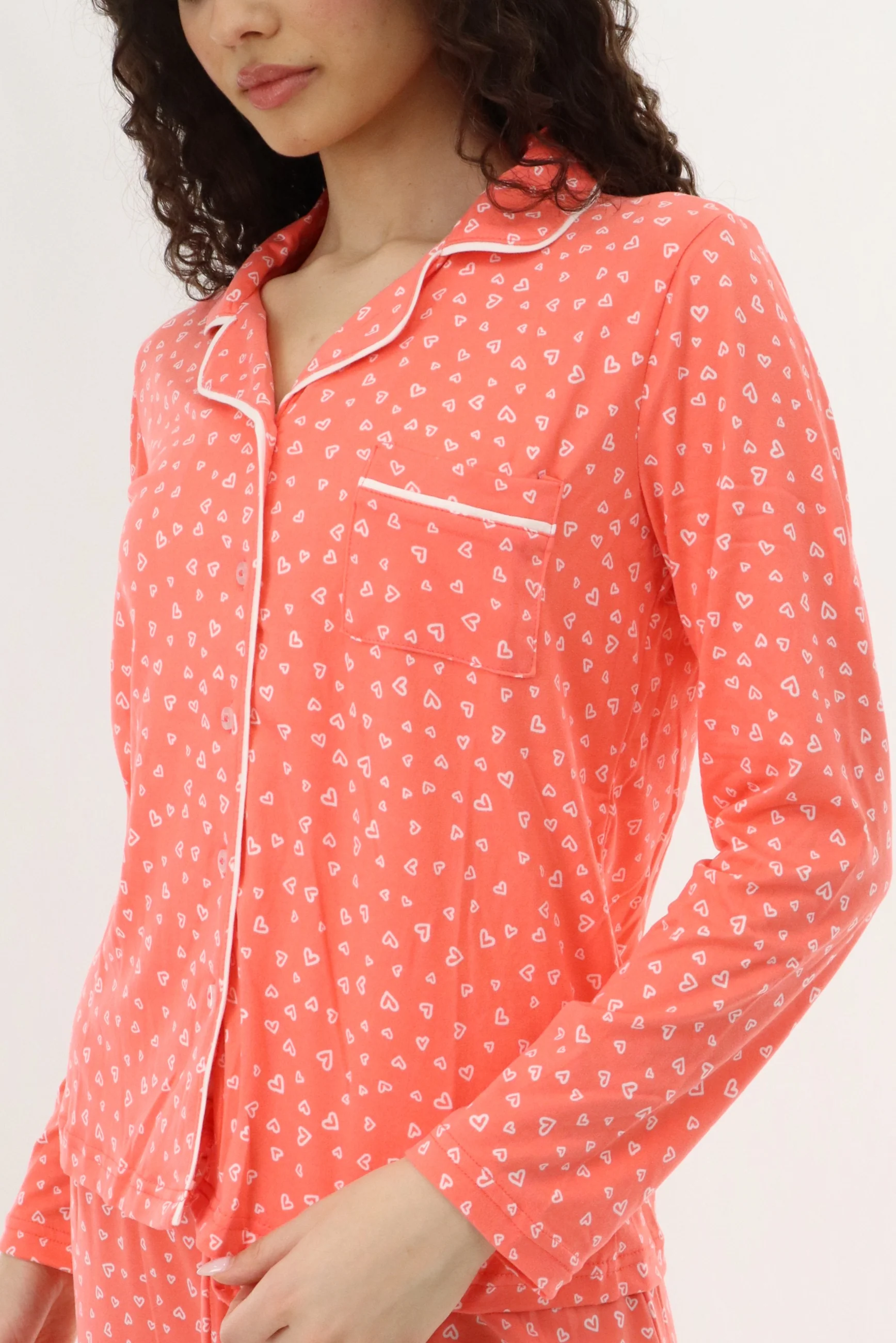 Canada Weather Gear Heart Print Button Up Pajama Top - Coral - Image 4