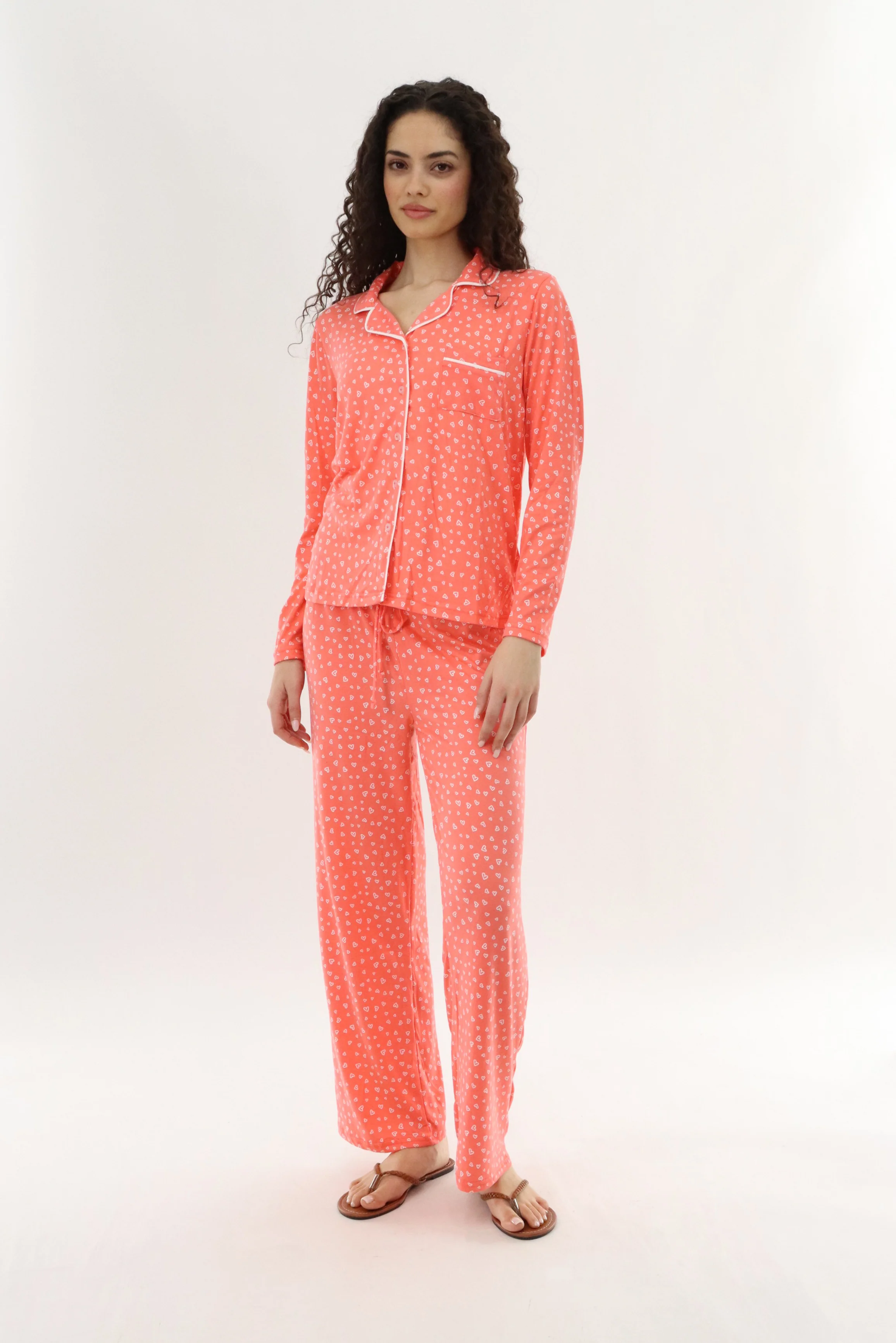 Canada Weather Gear Heart Print Button Up Pajama Top - Coral - Image 5