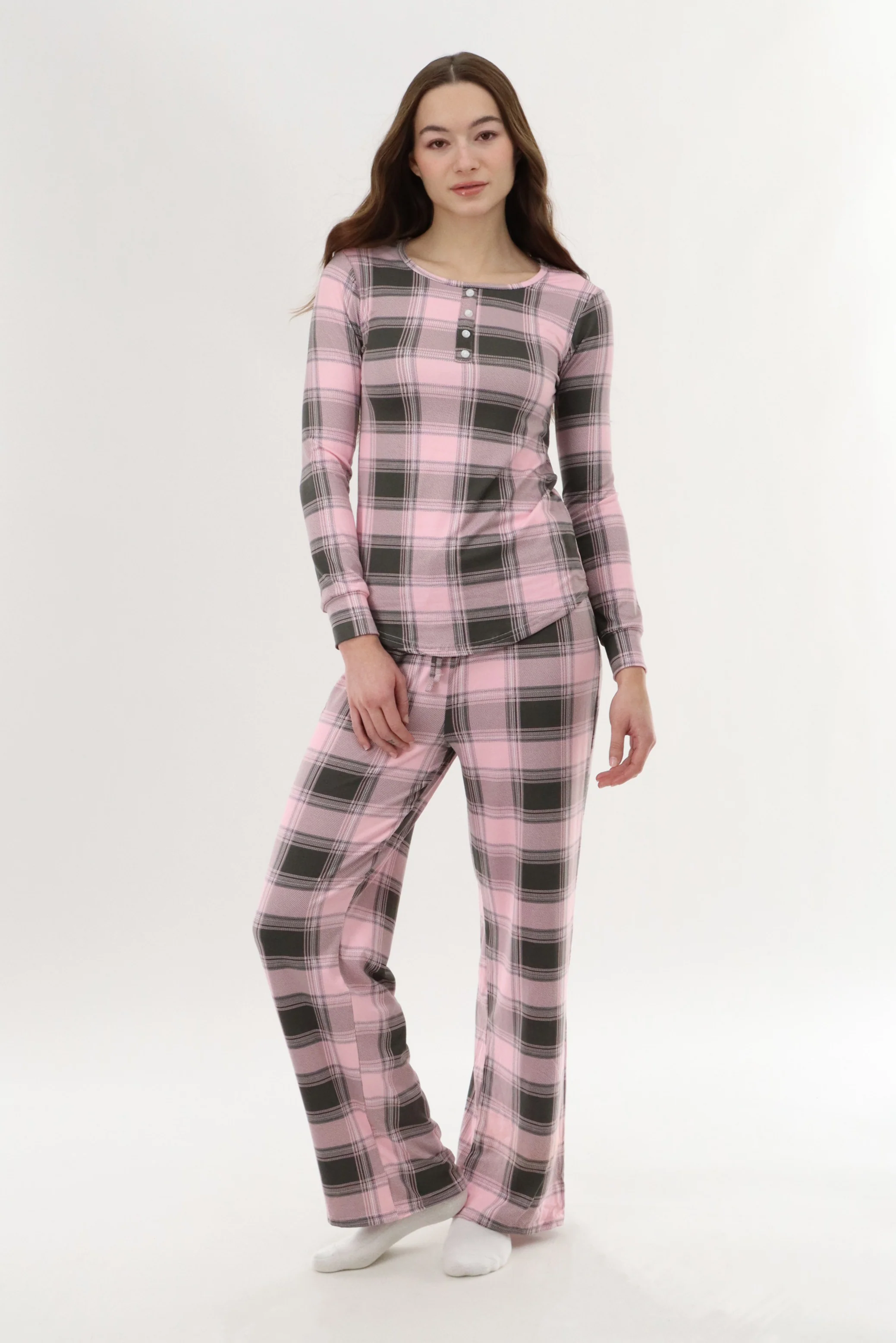 Canada Weather Gear Long Sleeve Plaid Pajama Top - Pink - Image 5