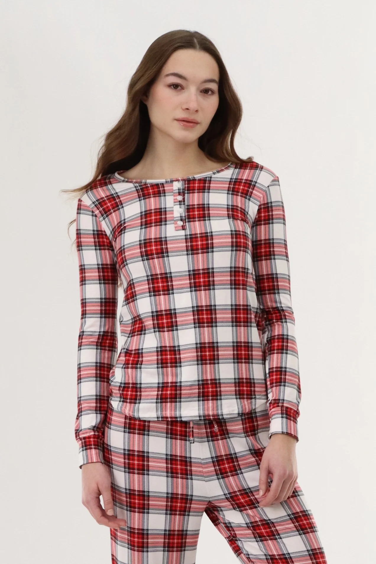 Canada Weather Gear Long Sleeve Plaid Pajama Top - White