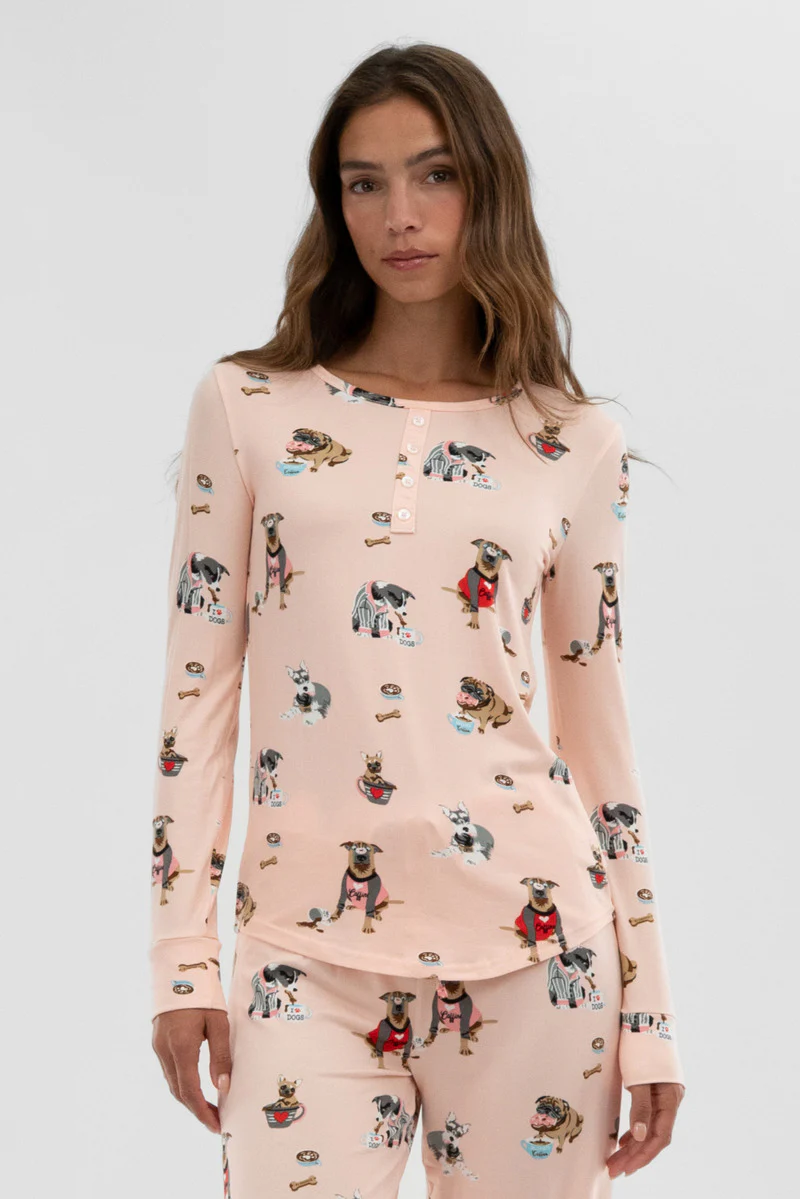 Canada Weather Gear Dog Print Henley Pajama Top - Blush