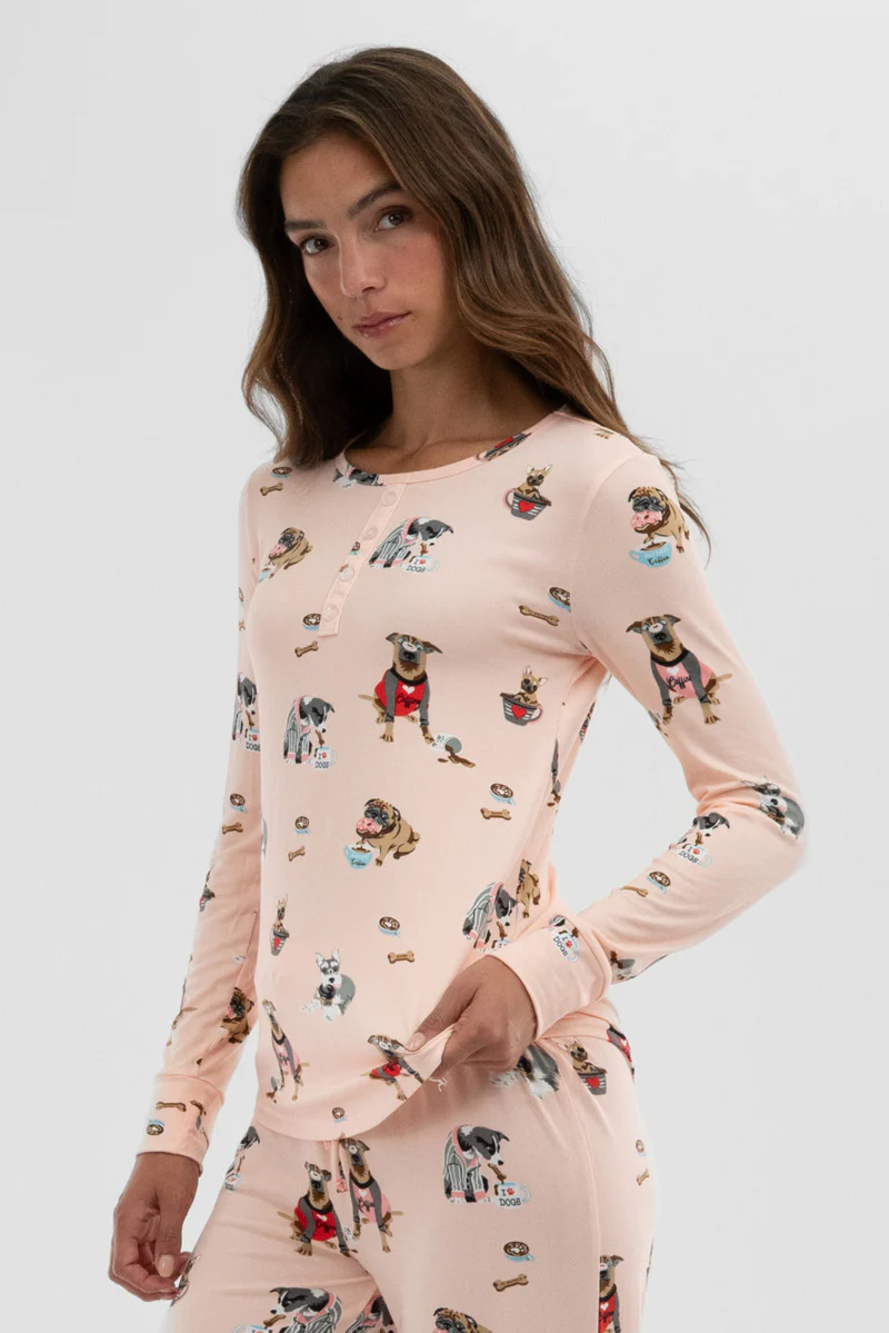 Canada Weather Gear Dog Print Henley Pajama Top - Blush - Image 2