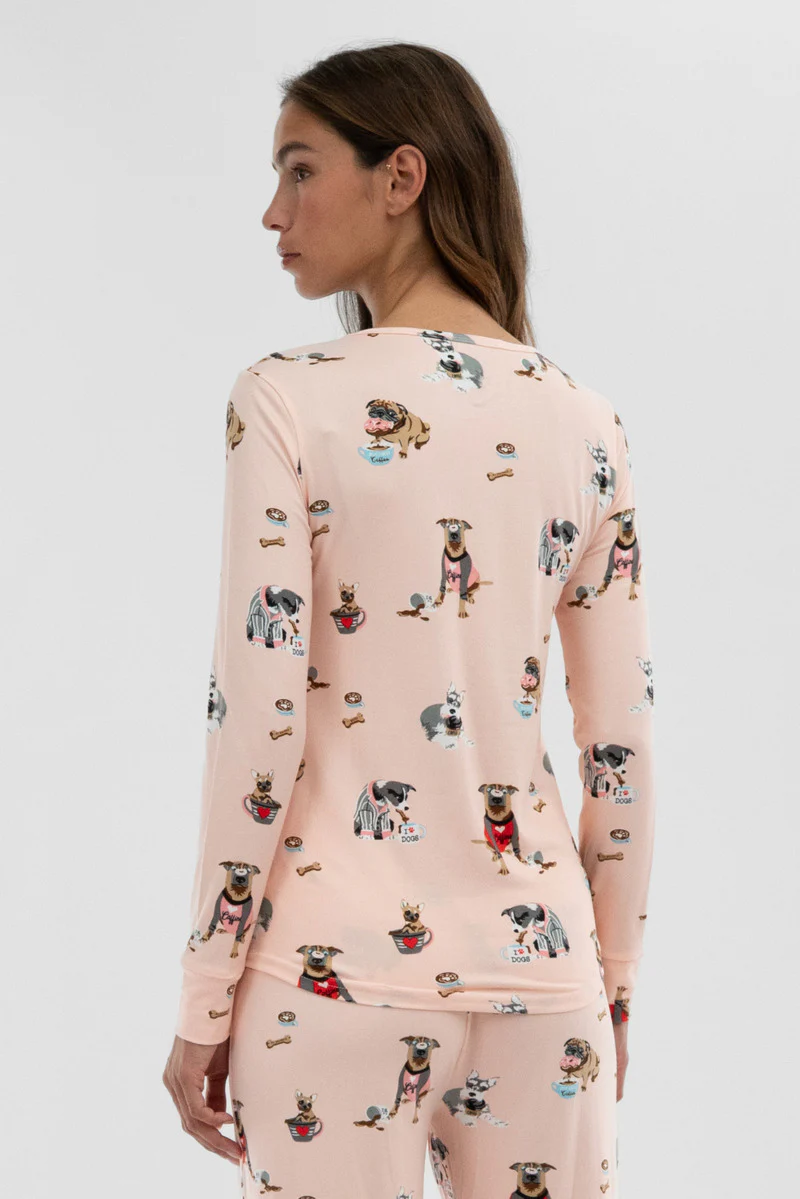 Canada Weather Gear Dog Print Henley Pajama Top - Blush - Image 3