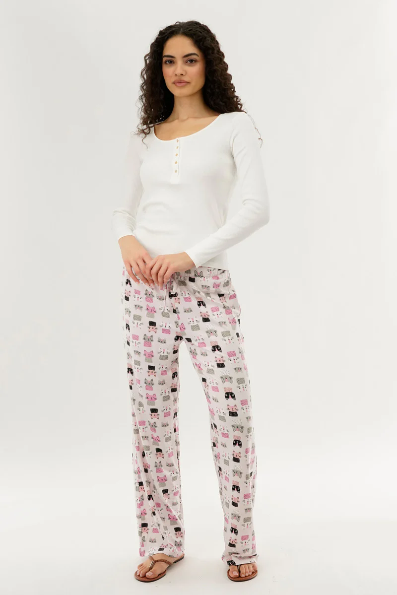 Canada Weather Gear Cat Print Wide Let Pajama Pants - Blush - Image 5