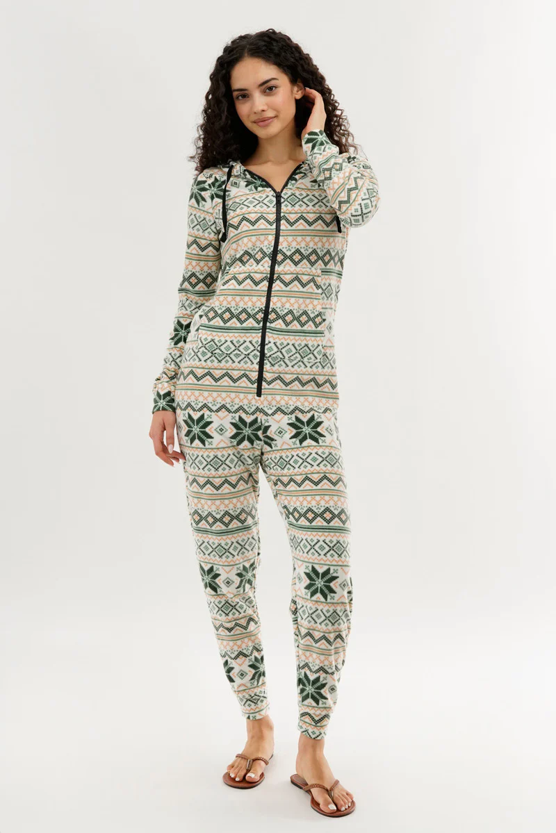 Canada Weather Gear Festive Print Fleece Onesie - White - Image 5