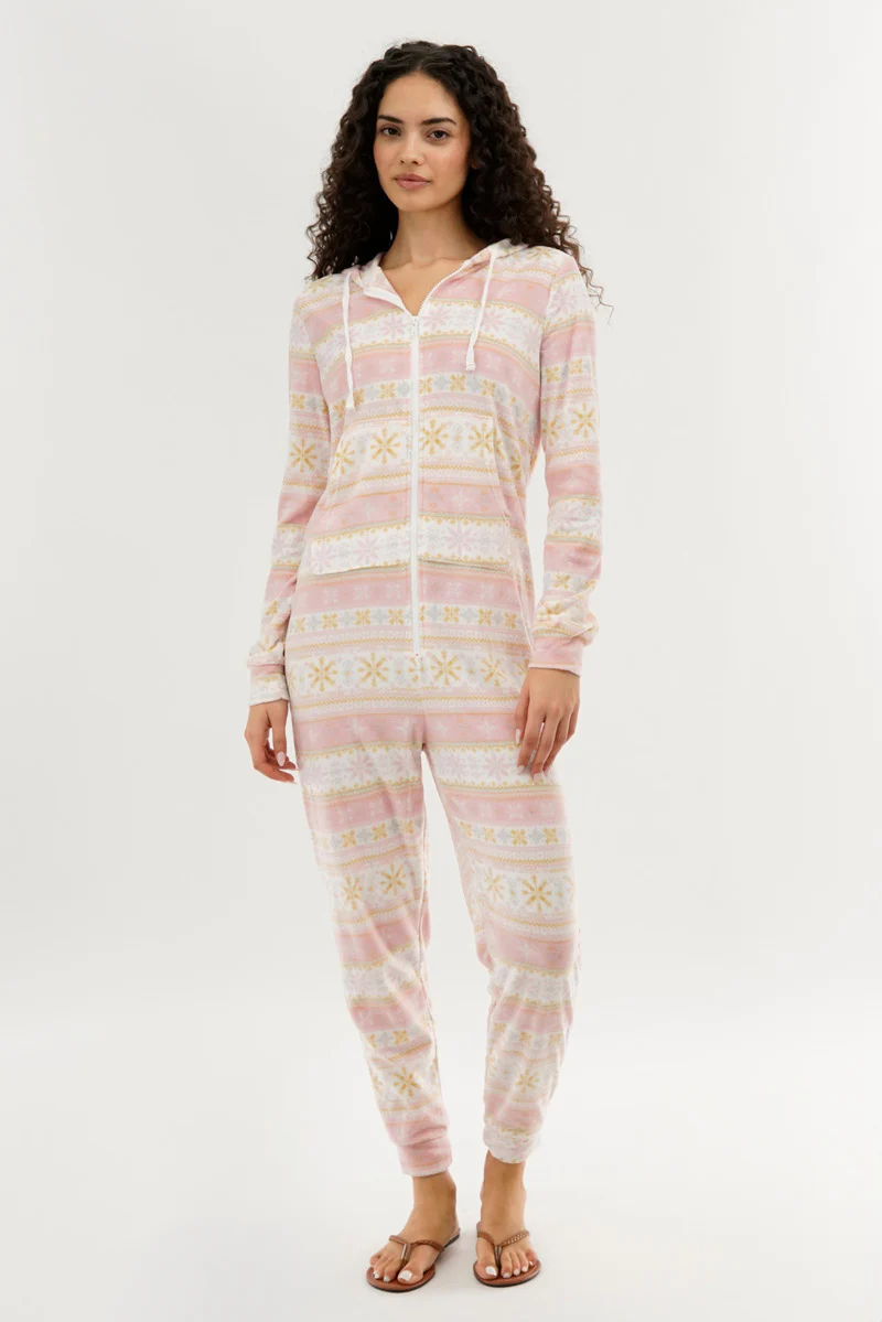 Canada Weather Gear Festive Print Fleece Onesie - Blush