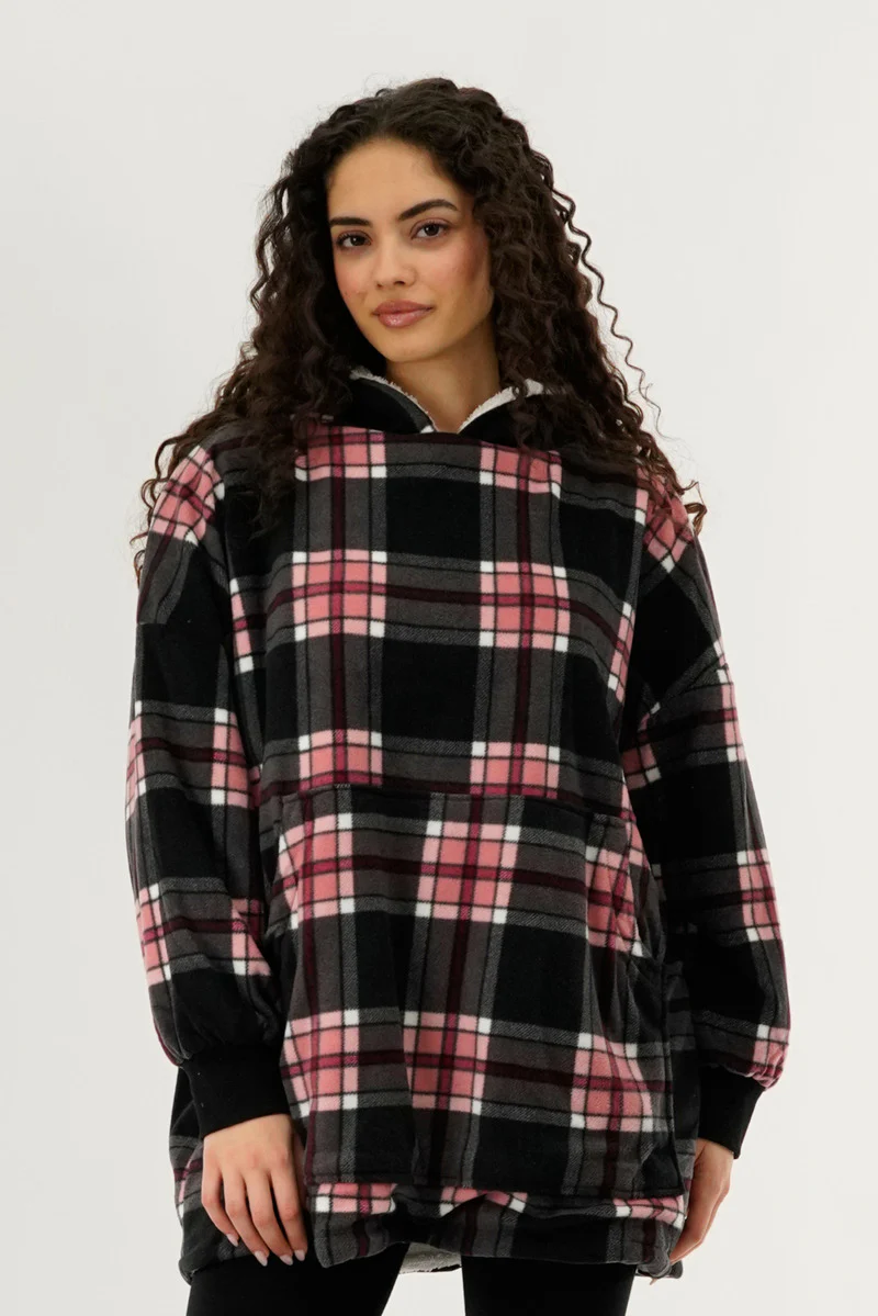 Canada Weather Gear Plaid Oversided Hooded Pajama Top - Black