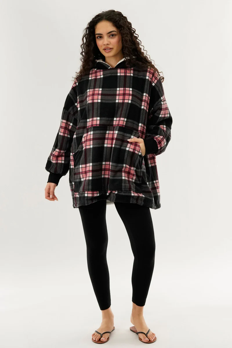 Canada Weather Gear Plaid Oversided Hooded Pajama Top - Black - Image 5