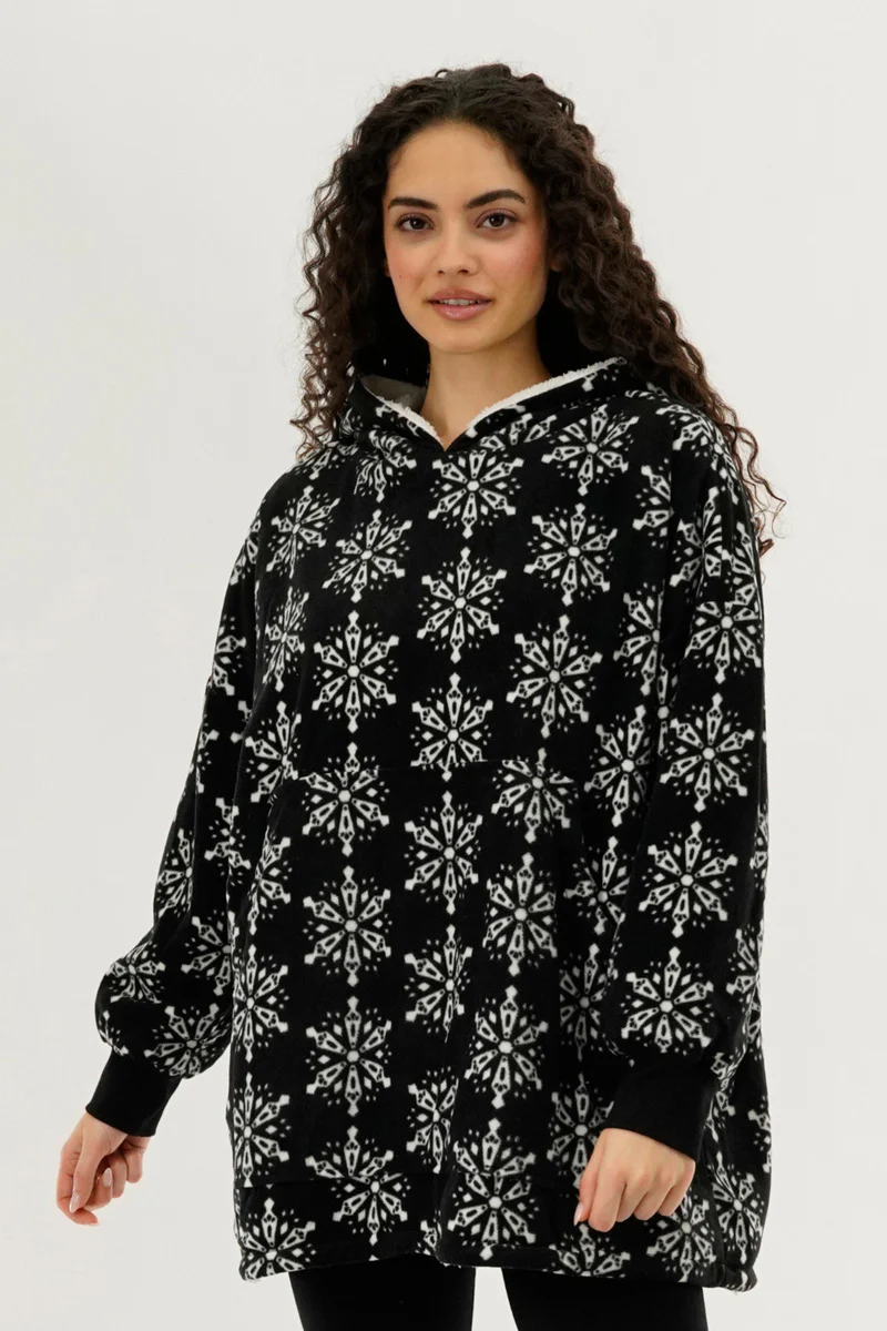 Canada Weather Gear Festive Print Oversided Hooded Pajama Top - Black