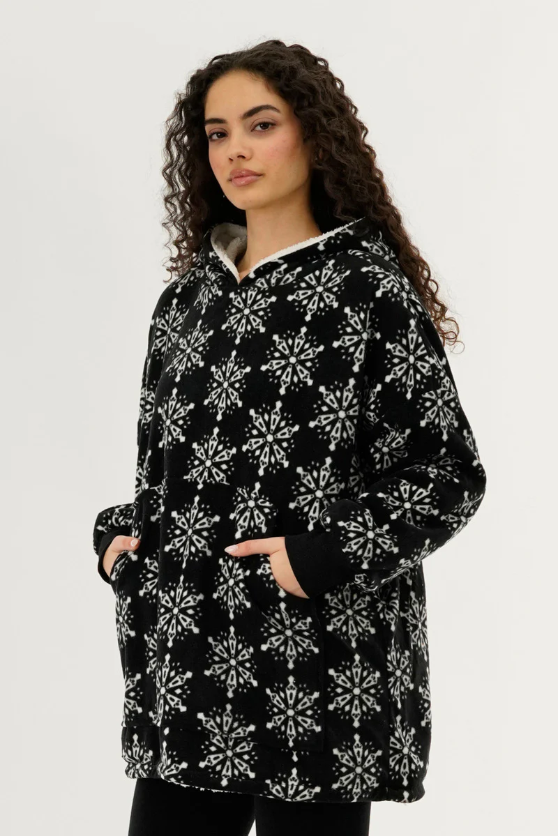 Canada Weather Gear Festive Print Oversided Hooded Pajama Top - Black - Image 2
