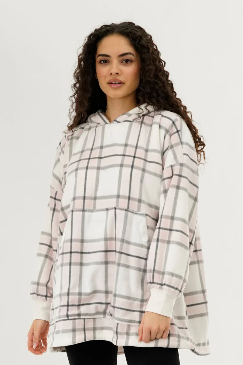 Canada Weather Gear Plaid Oversided Hooded Pajama Top - Blush