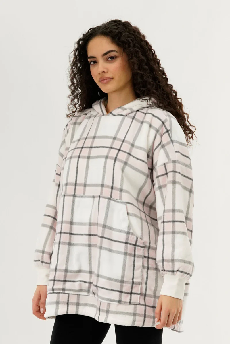 Canada Weather Gear Plaid Oversided Hooded Pajama Top - Blush - Image 2