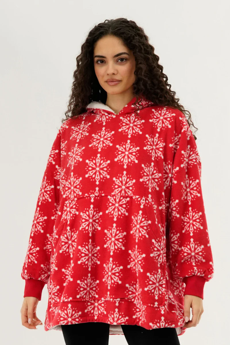 Canada Weather Gear Festive Print Oversided Hooded Pajama Top - Red