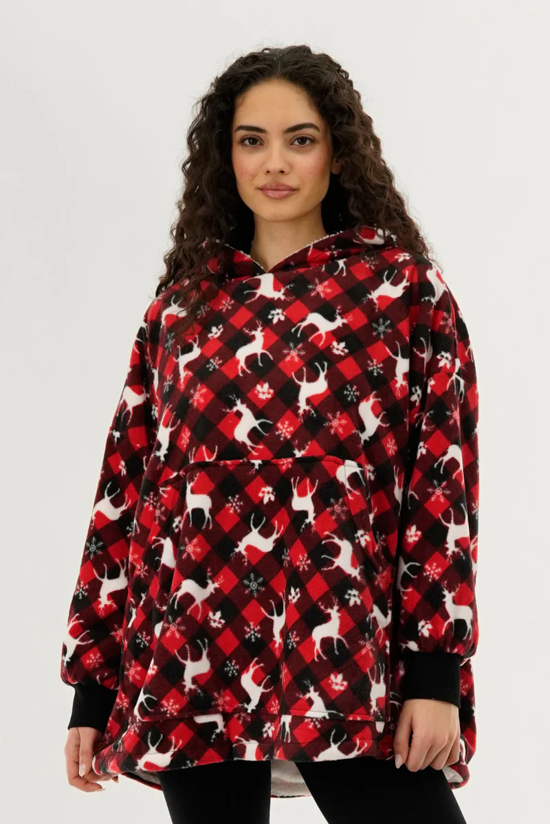 Canada Weather Gear Festive Print Oversided Hooded Pajama Top - Red