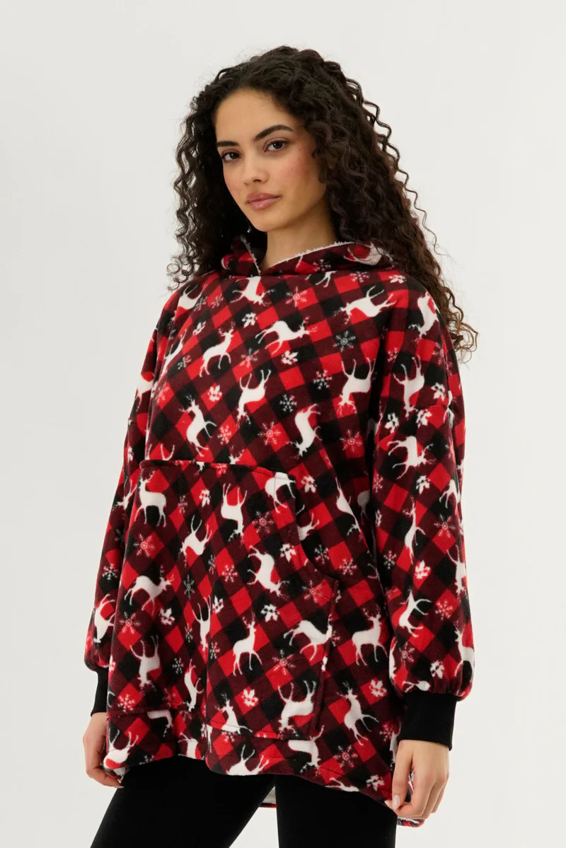 Canada Weather Gear Festive Print Oversided Hooded Pajama Top - Red - Image 2