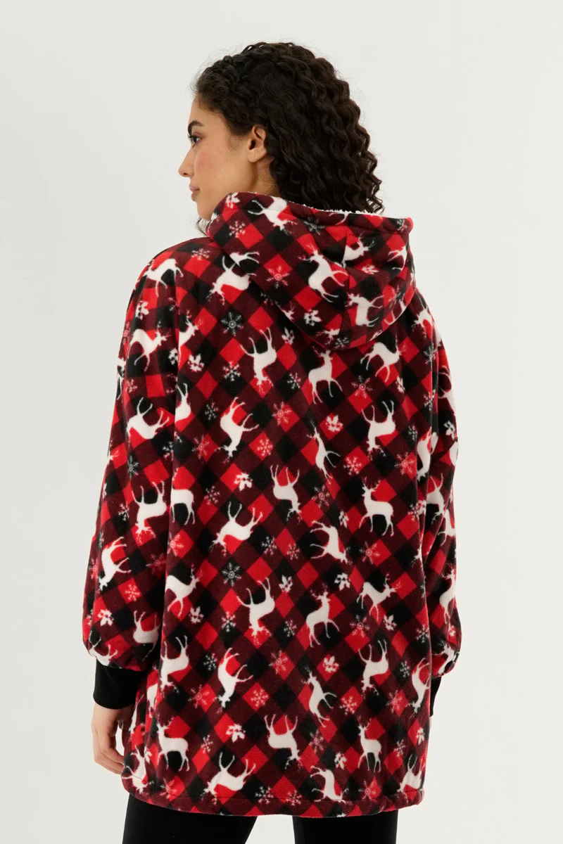 Canada Weather Gear Festive Print Oversided Hooded Pajama Top - Red - Image 3