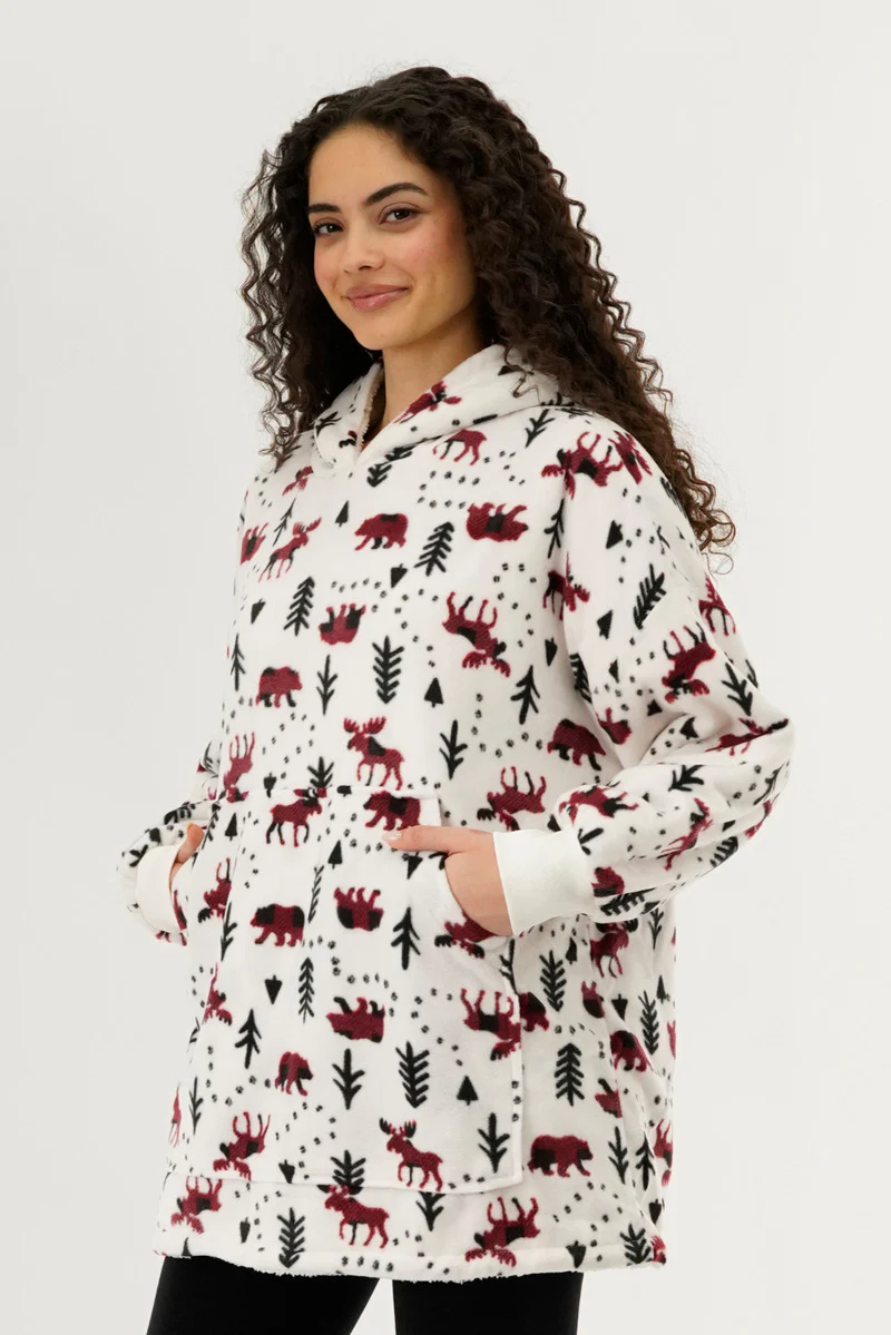 Canada Weather Gear Festive Print Oversided Hooded Pajama Top - White - Image 2