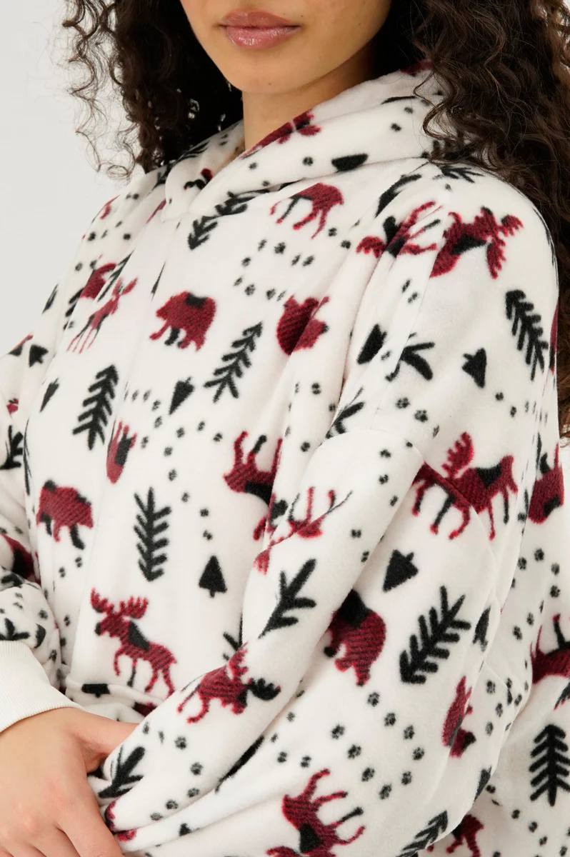 Canada Weather Gear Festive Print Oversided Hooded Pajama Top - White - Image 4
