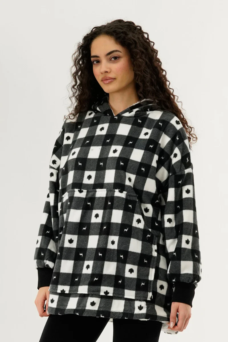 Canada Weather Gear Plaid Oversided Hooded Pajama Top - Black - Image 2