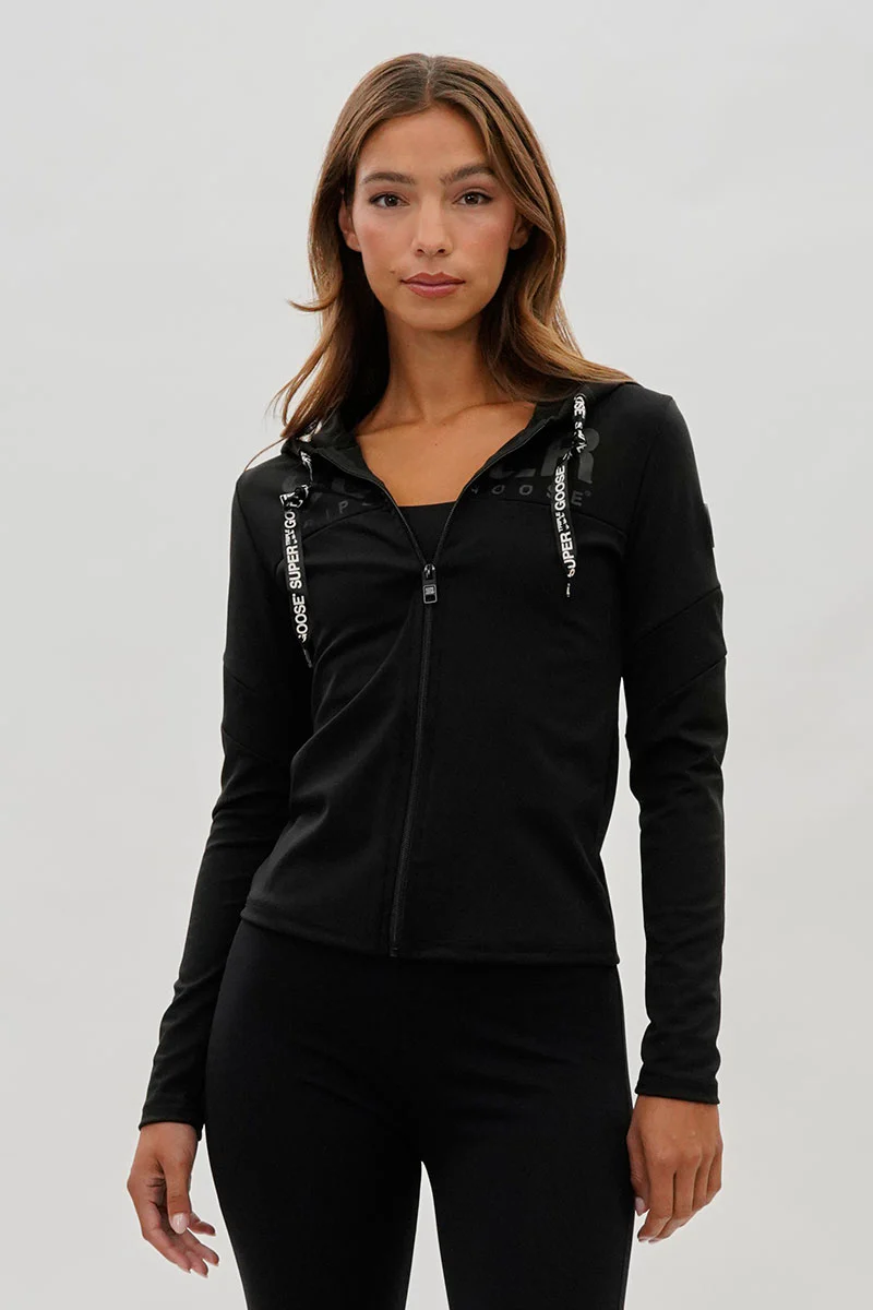 Super Triple Goose Zip Up Mesh Detail Hoodie - Black