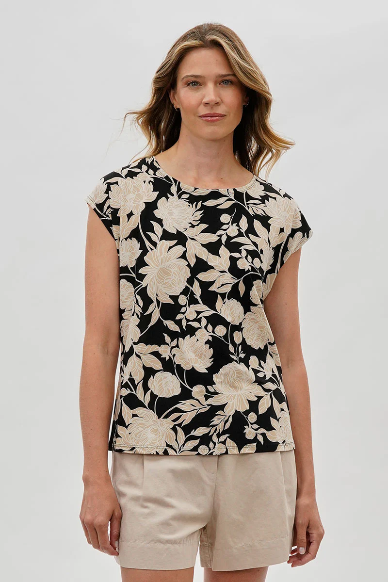Beechers Brook Floral Cap Sleeve Blouse - Black