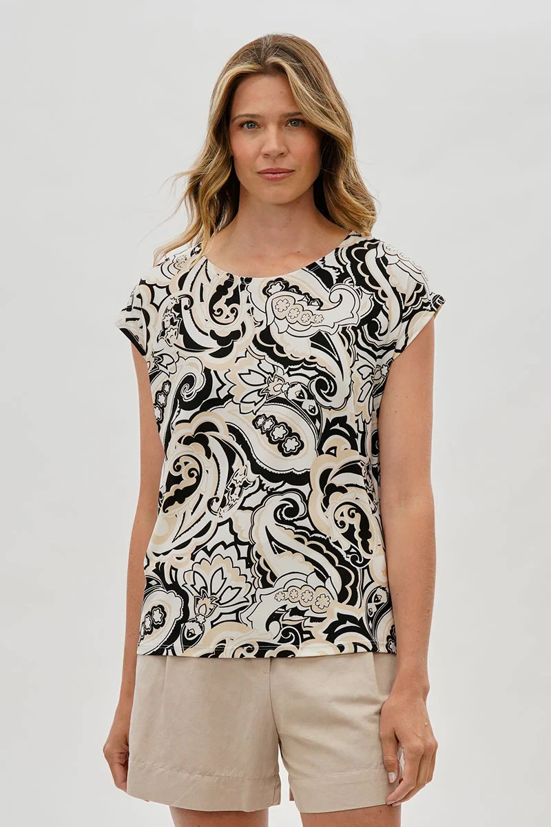 Beechers Brook Patterned Cap Sleeve Blouse - Beige