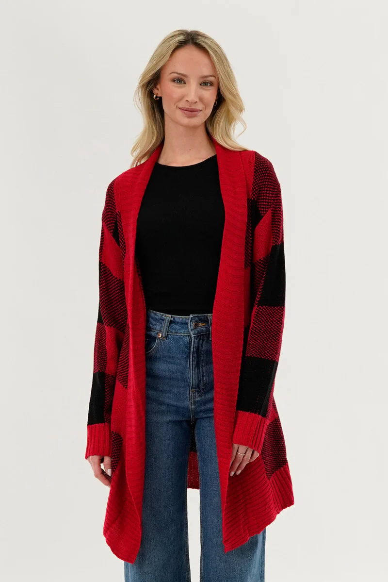 Canada Weather Gear Plaid Fold Over Wrap Cardigan - Red