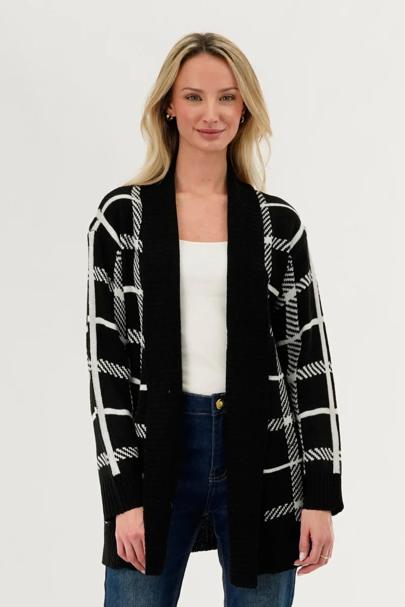 Canada Weather Gear Plaid Fold Over Wrap Cardigan - Black