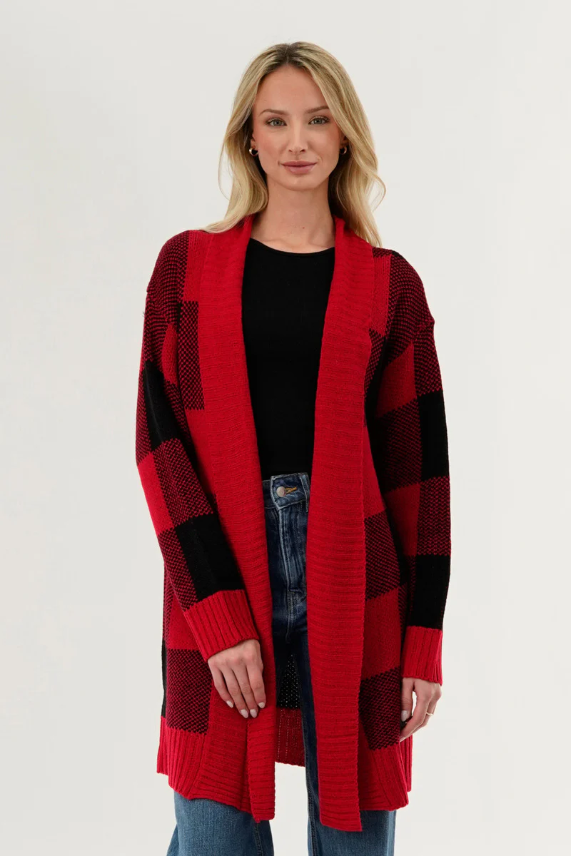 Canada Weather Gear Plaid Knit Fold Over Cardigan - Red