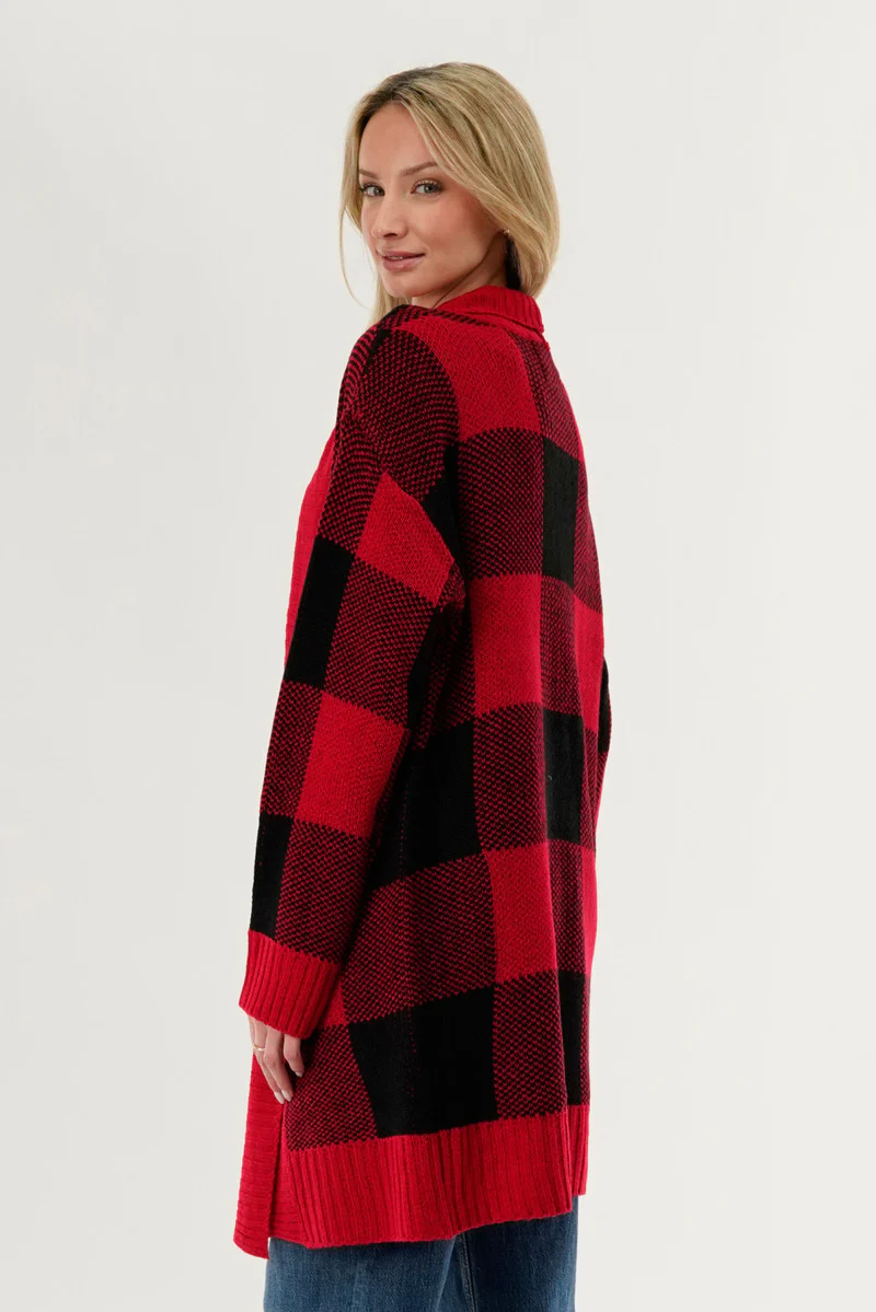 Canada Weather Gear Plaid Knit Fold Over Cardigan - Red - Image 3