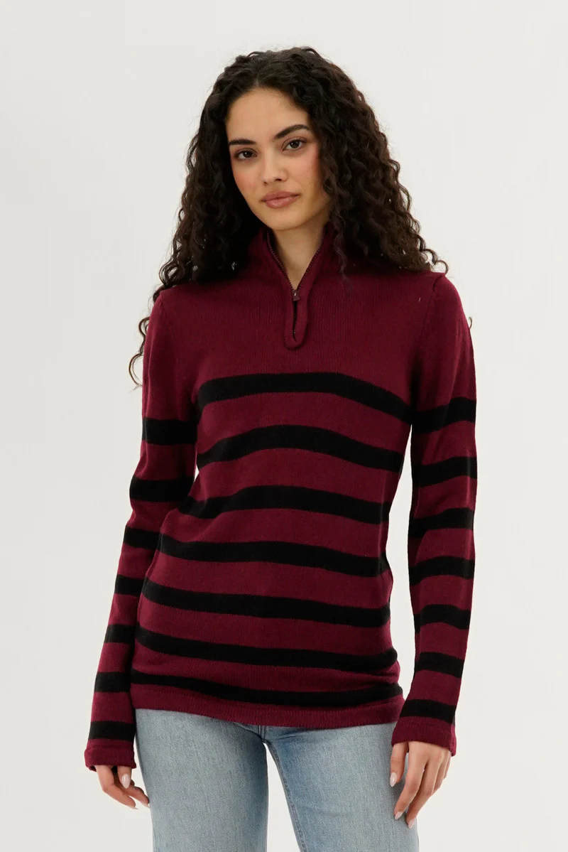 Canada Weather Gear Striped Half Zip Pullover Sweater - Burgundy