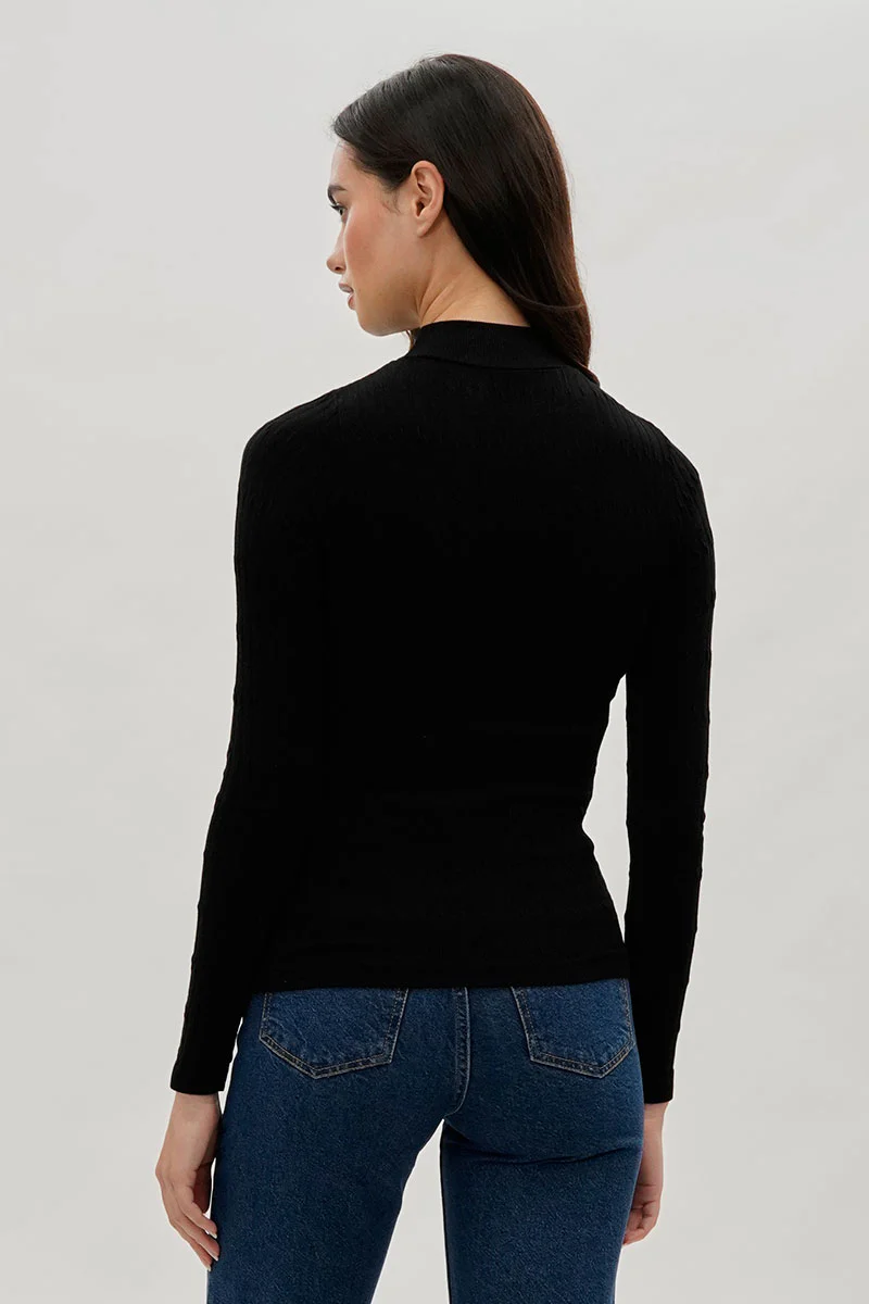 International INC Company Ribbed Mock Neck Long Sleeve Top - Black - Image 3