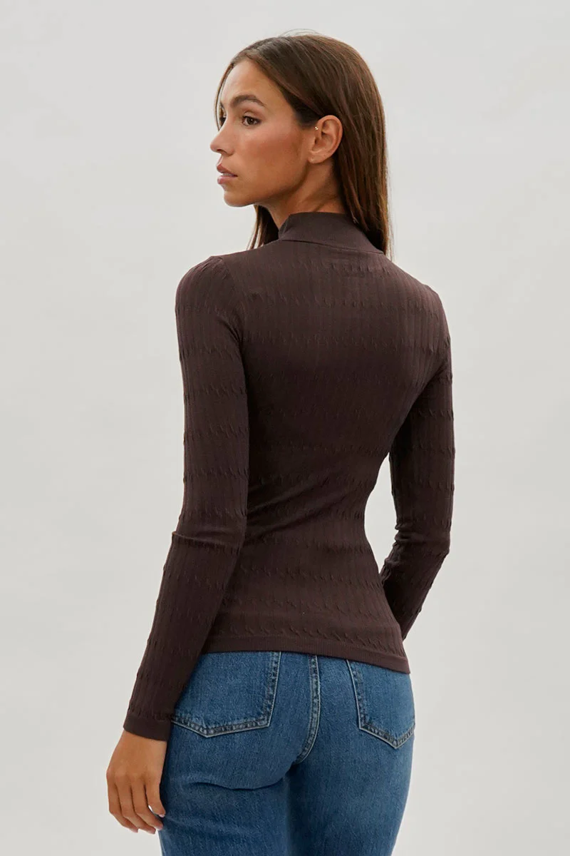 International INC Company Ribbed Mock Neck Long Sleeve Top - Brown - Image 3