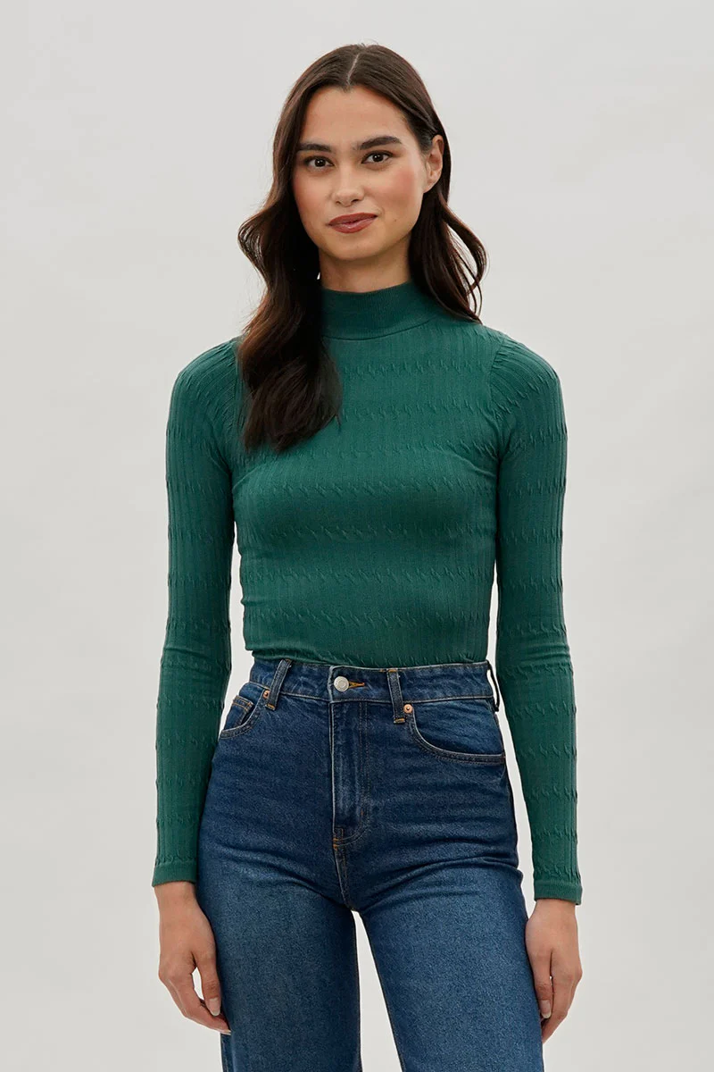 International INC Company Ribbed Mock Neck Long Sleeve Top - Green