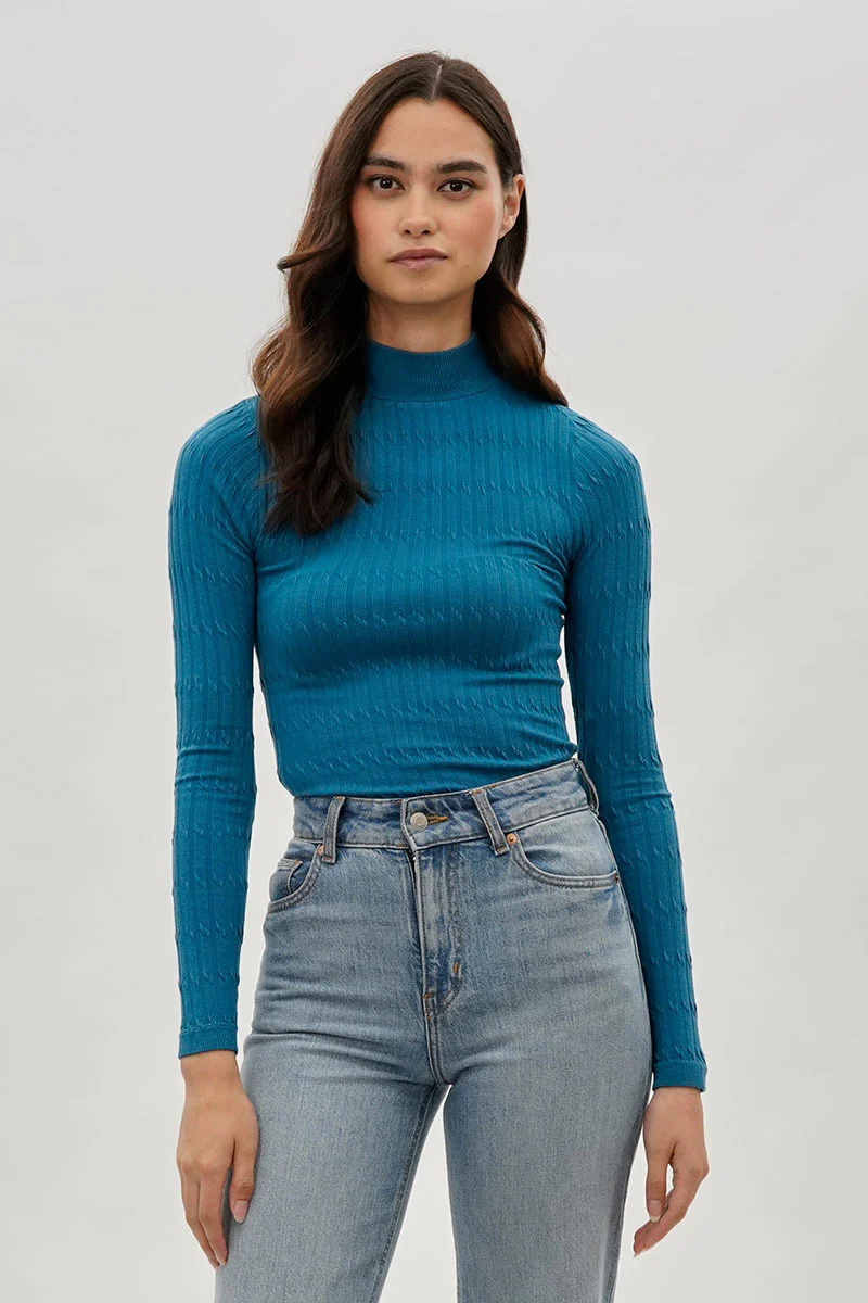 International INC Company Ribbed Mock Neck Long Sleeve Top - Blue