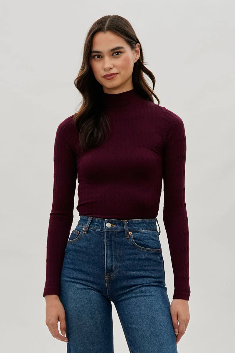 International INC Company Ribbed Mock Neck Long Sleeve Top - Burgundy