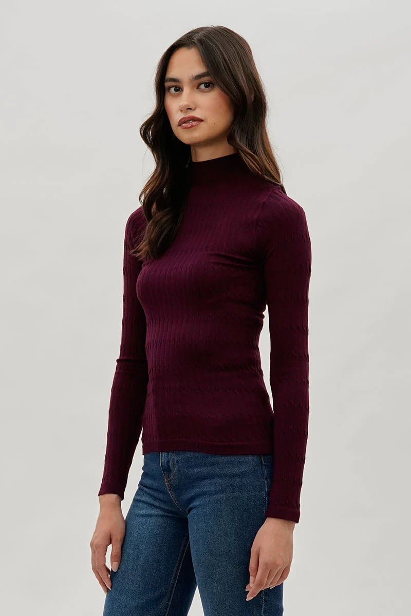 International INC Company Ribbed Mock Neck Long Sleeve Top - Burgundy - Image 2