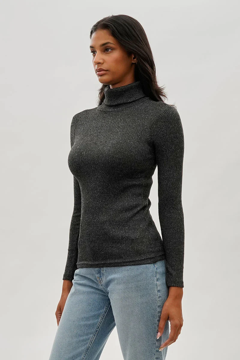 Magazine Ribbed Turtleneck Pullover Sweater - Black - Image 2