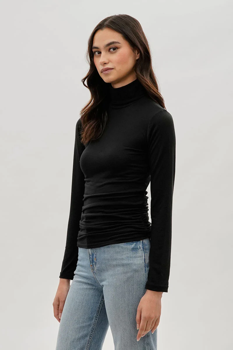 Magazine Cinched Side Turtleneck Long Sleeve Top - Black - Image 2
